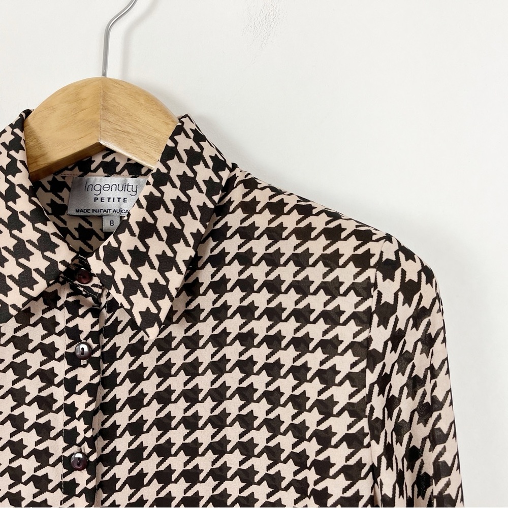 Ingenuity Petites Women’s Black & Tan Houndstooth Long Sleeve Blouse Size 8 🇨🇦